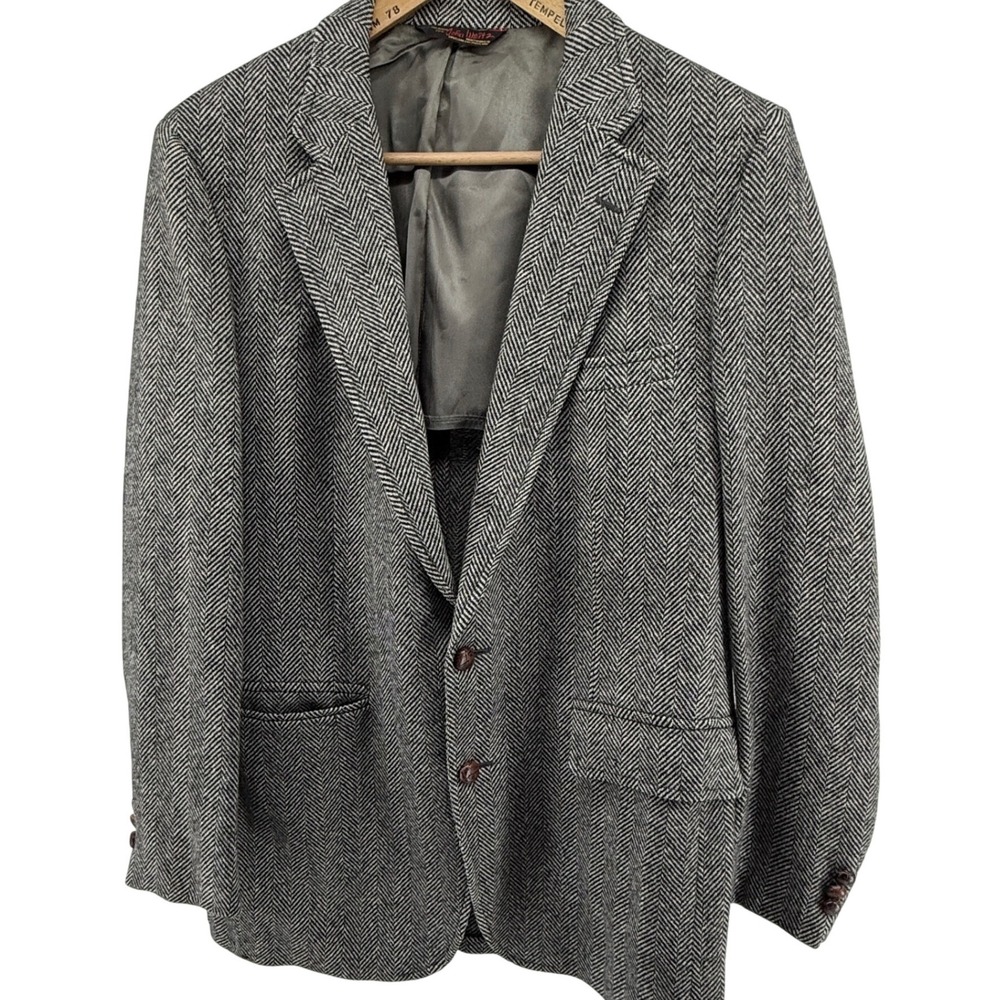 John Weitz Blazer‎ Mens 44R Gray Black Herringbone Tweed Wool Sport Coat Jacket
